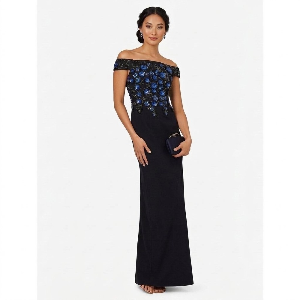 Adrianna Papell Women 8 Off-Shoulder Gown with Blue Sequin Floral Bodice